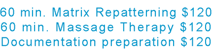 60 min. Matrix Repatterning $120  60 min. Massage Therapy $120  Documentation preparation $120 